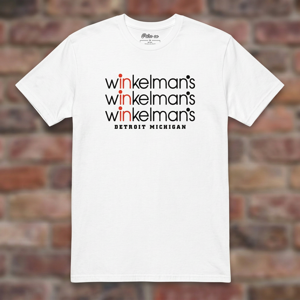 Winkelman's White T-shirt flat lay on brick background