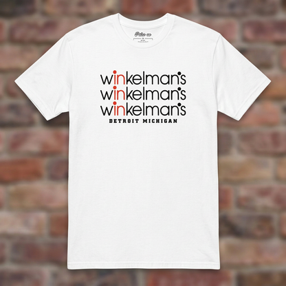 Winkelman's White T-shirt flat lay on brick background