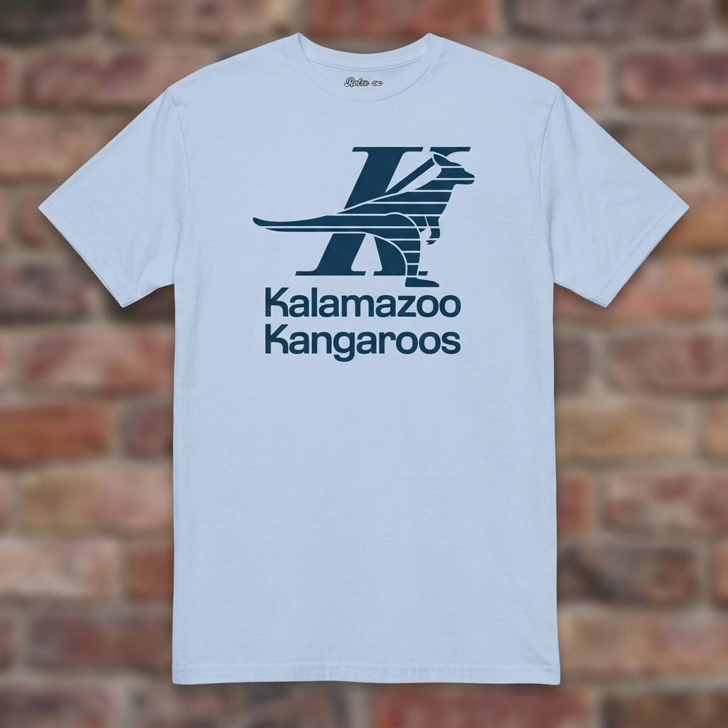 Kalamazoo Kangaroos Light Blue T-shirt flat lay on brick background