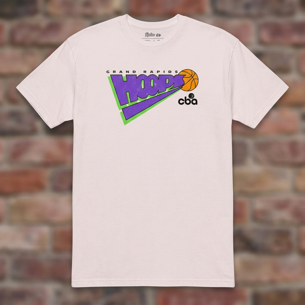 Grand Rapids Hoops Basketball Ice Grey T-shirt flat lay on brick background