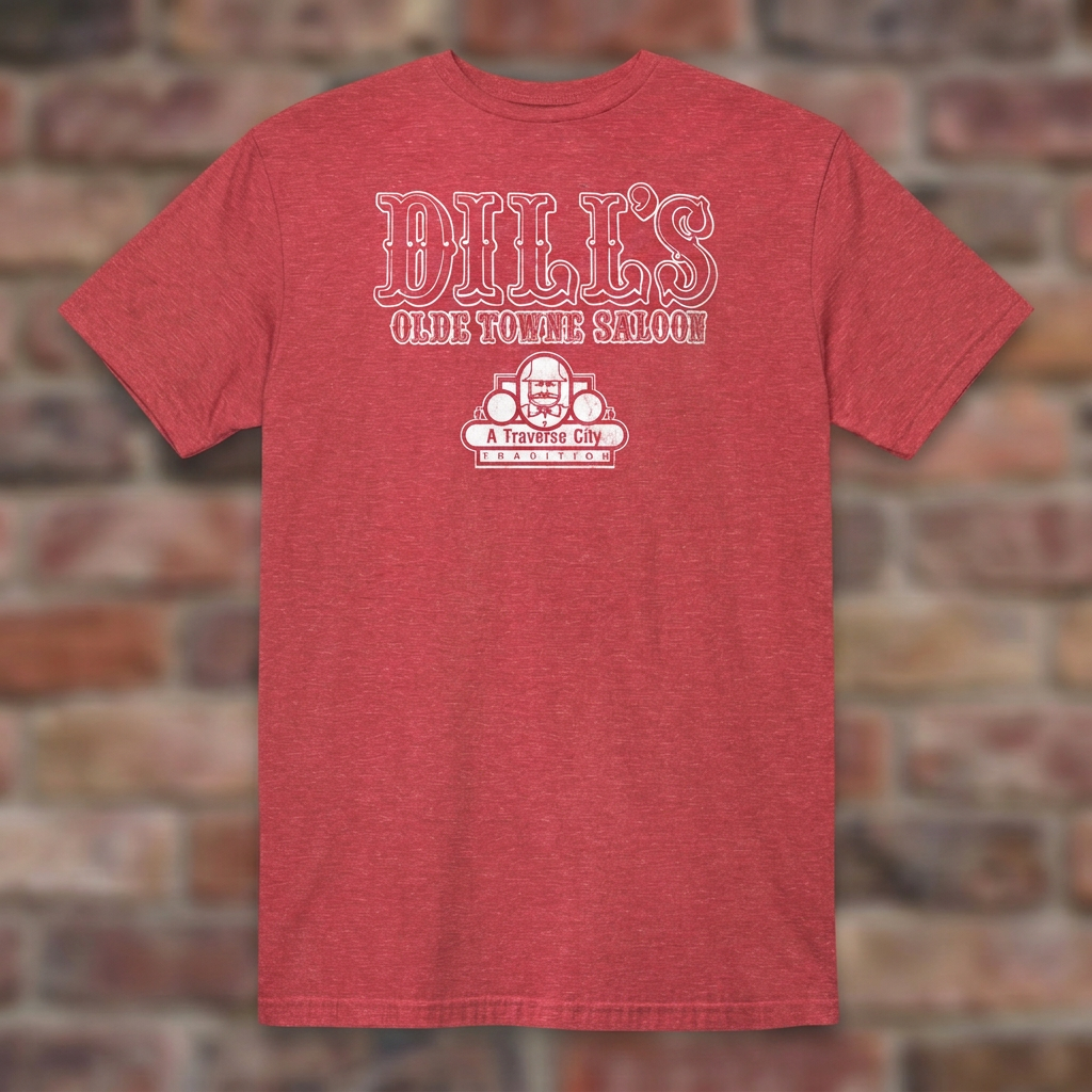Dill’s Olde Towne Saloon Heather Red T-shirt flat lay on brick background