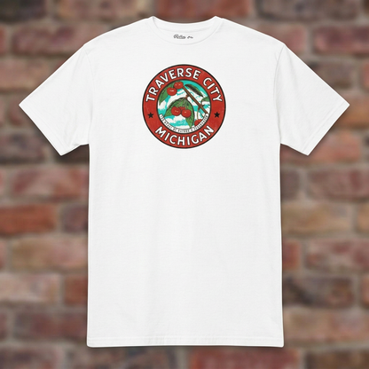 Traverse City Michigan White T-shirt flat lay on brick background