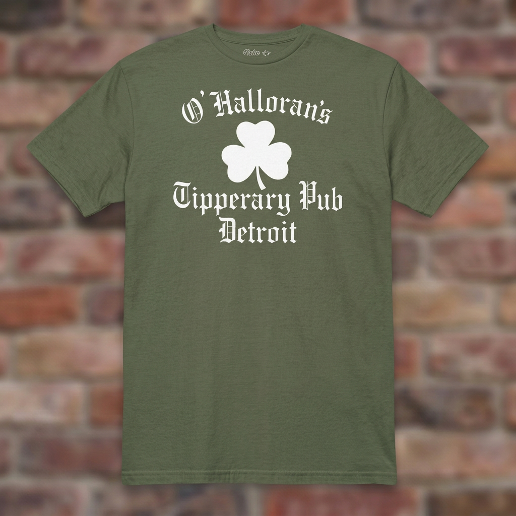O'Hallorans Tipperary Pub Detroit Military Green T-shirt flat lay on weathered brick background
