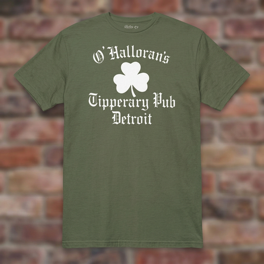 O'Hallorans Tipperary Pub Detroit Military Green T-shirt flat lay on weathered brick background