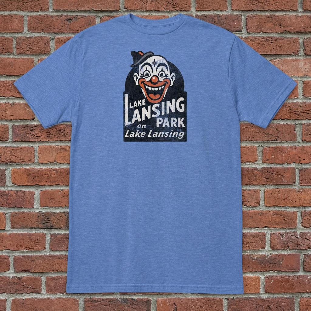 Lake Lansing Park Heather Royal T-shirt flat lay on brick background