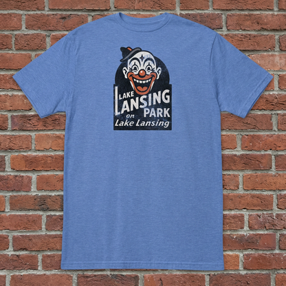 Lake Lansing Park Heather Royal T-shirt flat lay on brick background