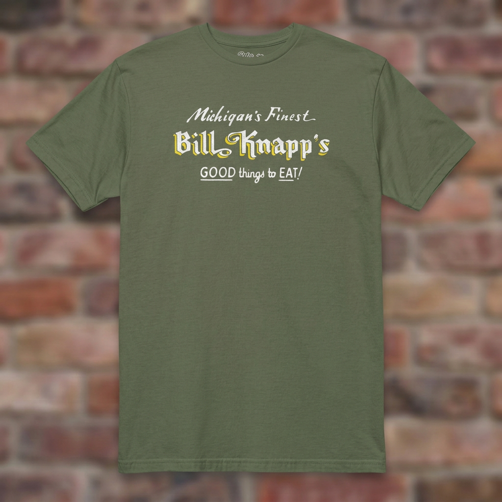 Military Green Bill Knapp’s T-shirt flat lay on warm brick background