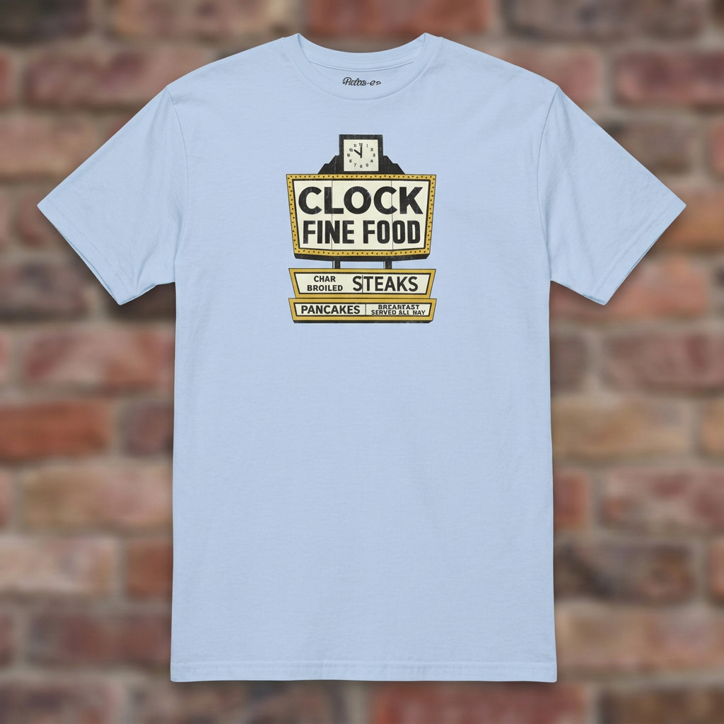 Clock Fine Food Light Blue T-shirt flat lay on warm brick