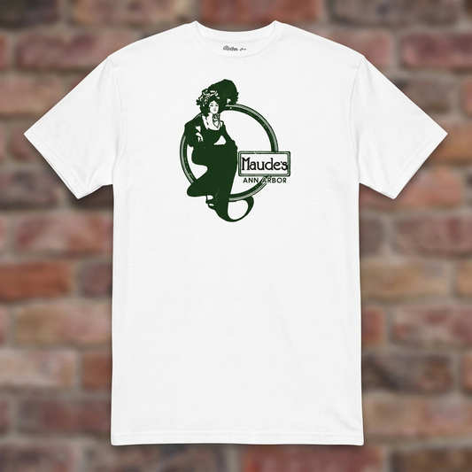 Maude's White T-shirt flat lay on brick background