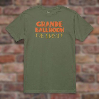 Grande Ballroom Detroit Military Green T-shirt flat lay on brick background
