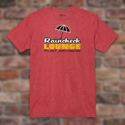 Raincheck Lounge Heather Red T-shirt flat lay on brick background