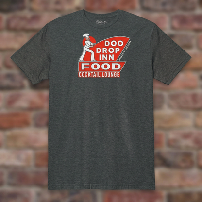 Doo Drop Inn Muskegon T-shirt in Dark Heather on weathered brick background