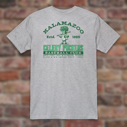 Kalamazoo Celery Pickers Sport Grey T-shirt flat lay on brick background