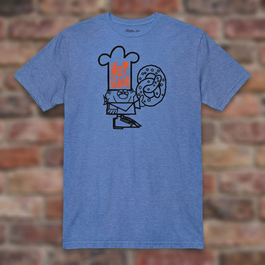 Hot Sam Pretzels T-shirt in Heather Royal, flat lay on warm brick background