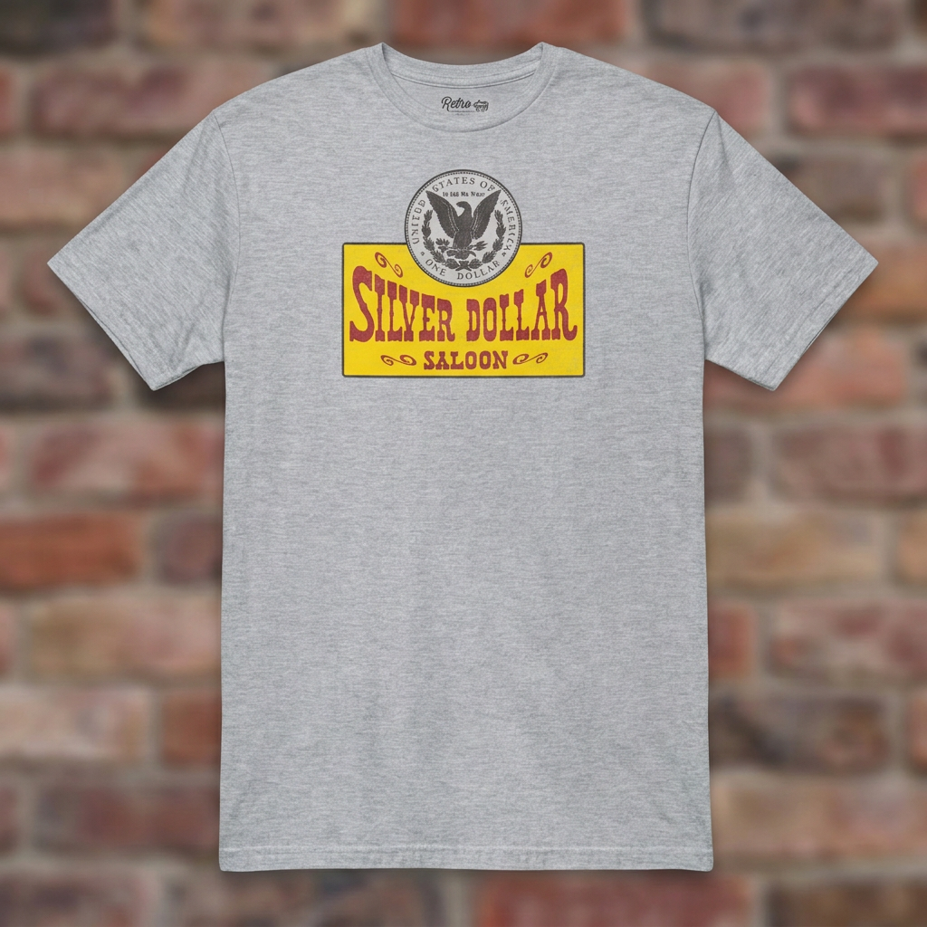 Silver Dollar Saloon Sport Grey T-shirt flat lay on warm brick