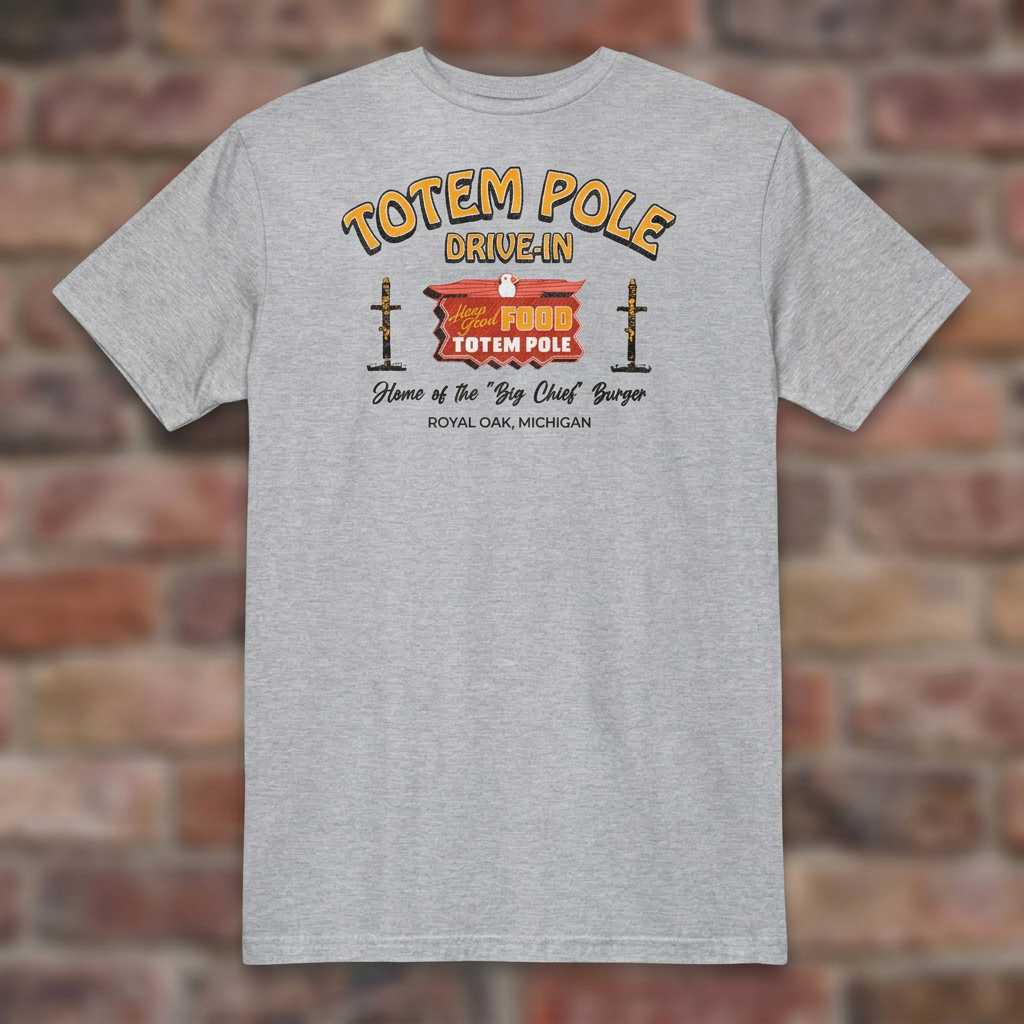 Totem Pole Drive-In Sport Grey T-shirt flat lay on brick background