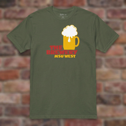 The Brewery East Lansing Military Green T-shirt flat lay on brick background