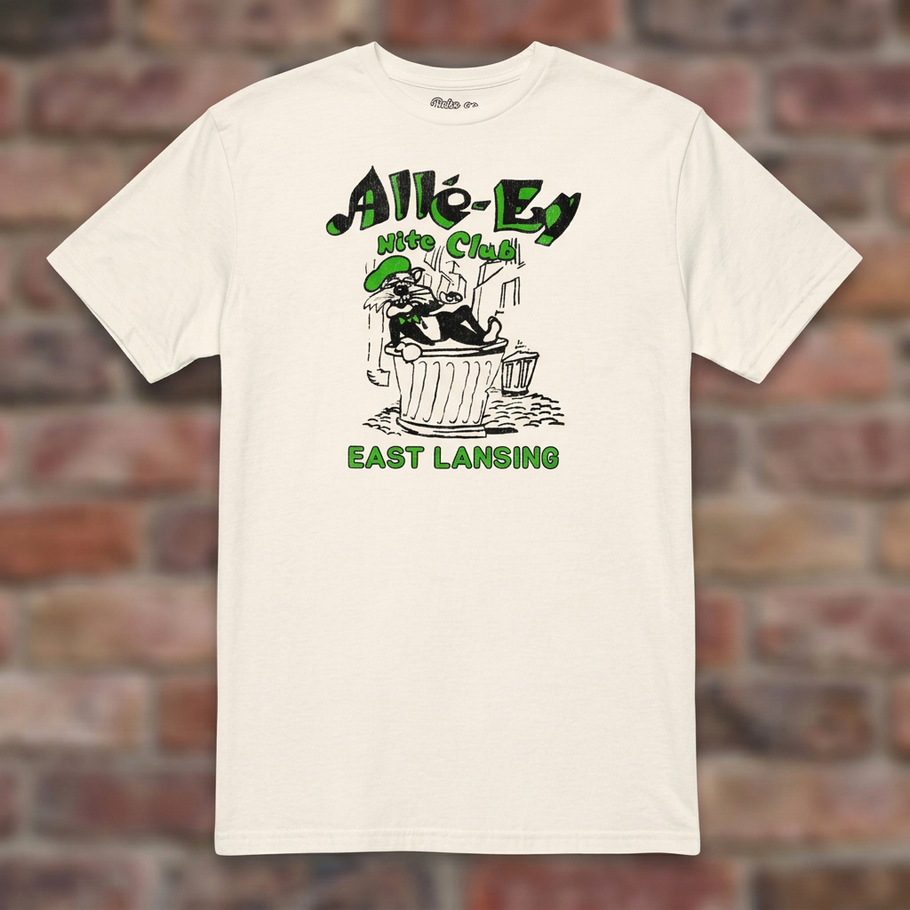 Alle-Ey Nite Club Natural T-shirt flat lay on brick background