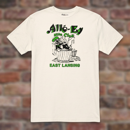 Alle-Ey Nite Club Natural T-shirt flat lay on brick background