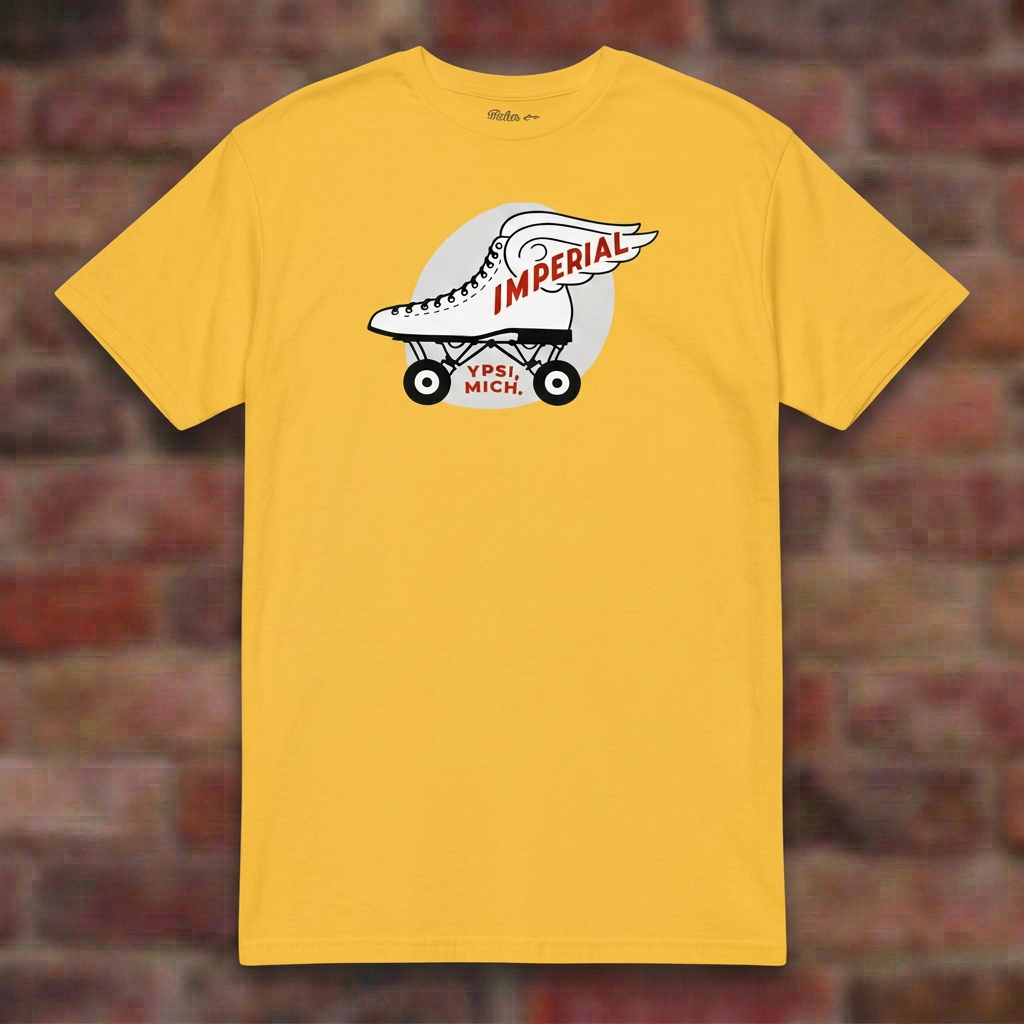 Imperial Roller Rink Daisy T-shirt flat lay on brick background