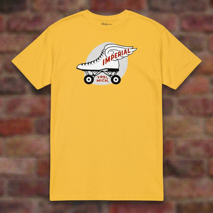 Imperial Roller Rink Daisy T-shirt flat lay on brick background