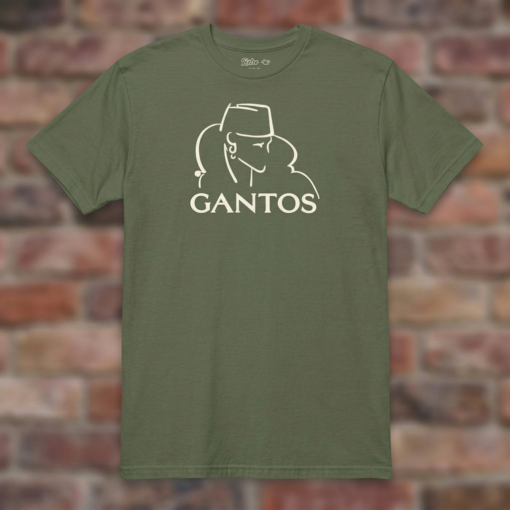 Gantos Military Green T-shirt flat lay on brick background