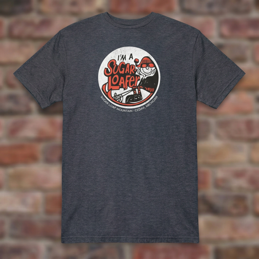 I'm a Sugar Loafer T-shirt in Heather Navy, flat lay on warm brick background