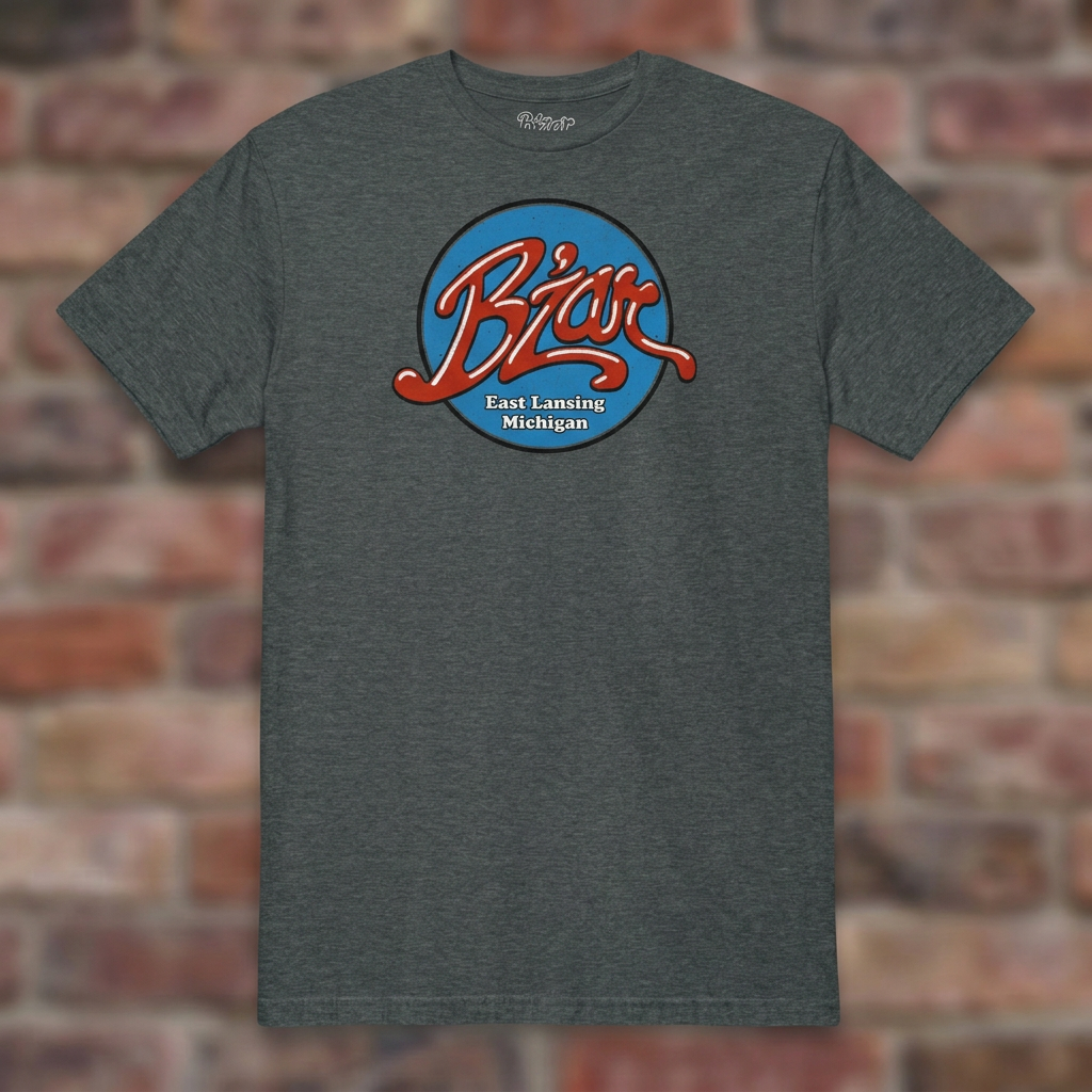 B'Zar Nightclub Dark Heather T-shirt flat lay on brick background