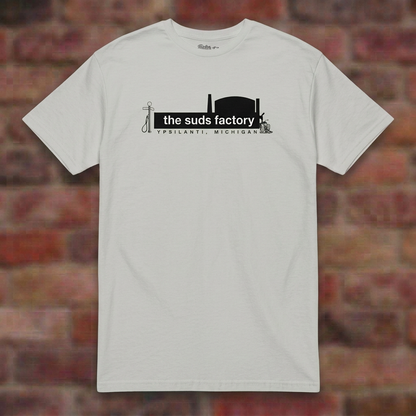 The Suds Factory Ice Grey T-shirt flat lay on brick background