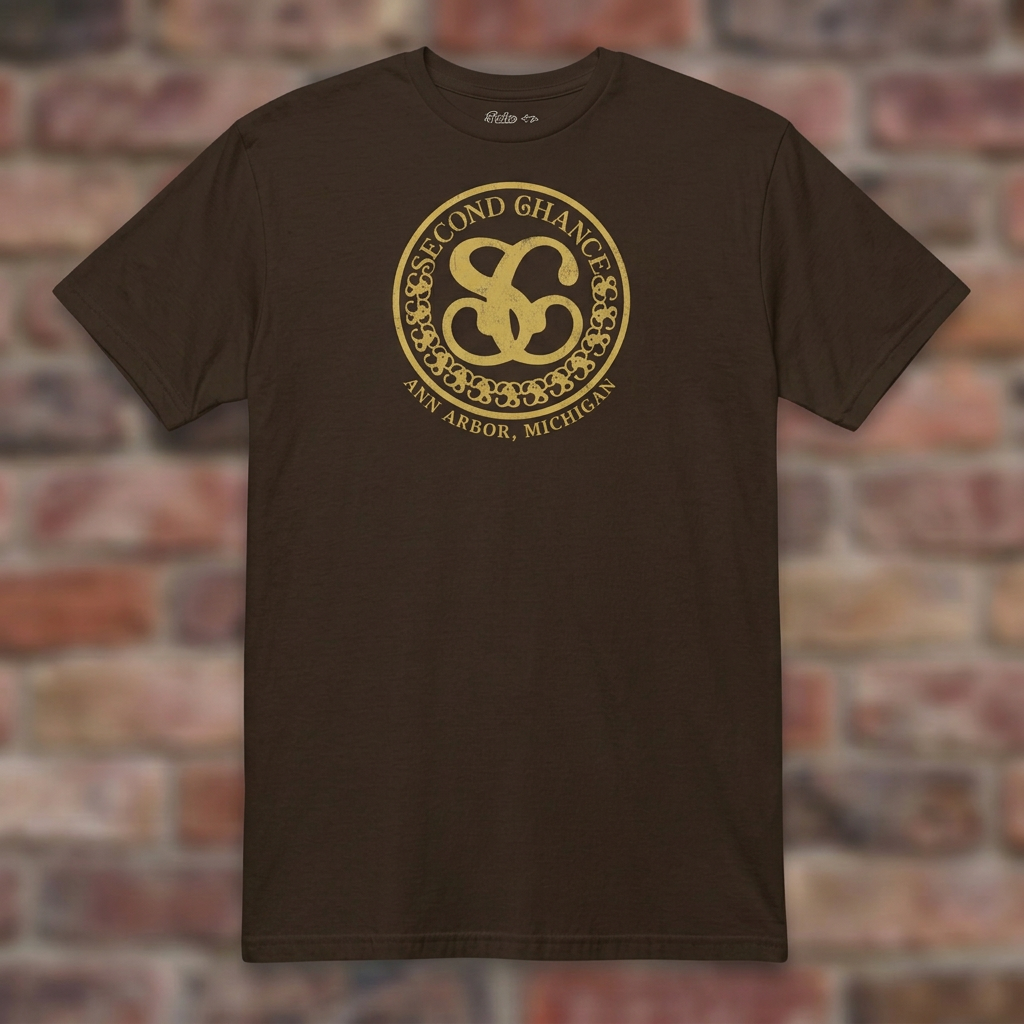 Second Chance Dark Chocolate T-shirt flat lay on brick background