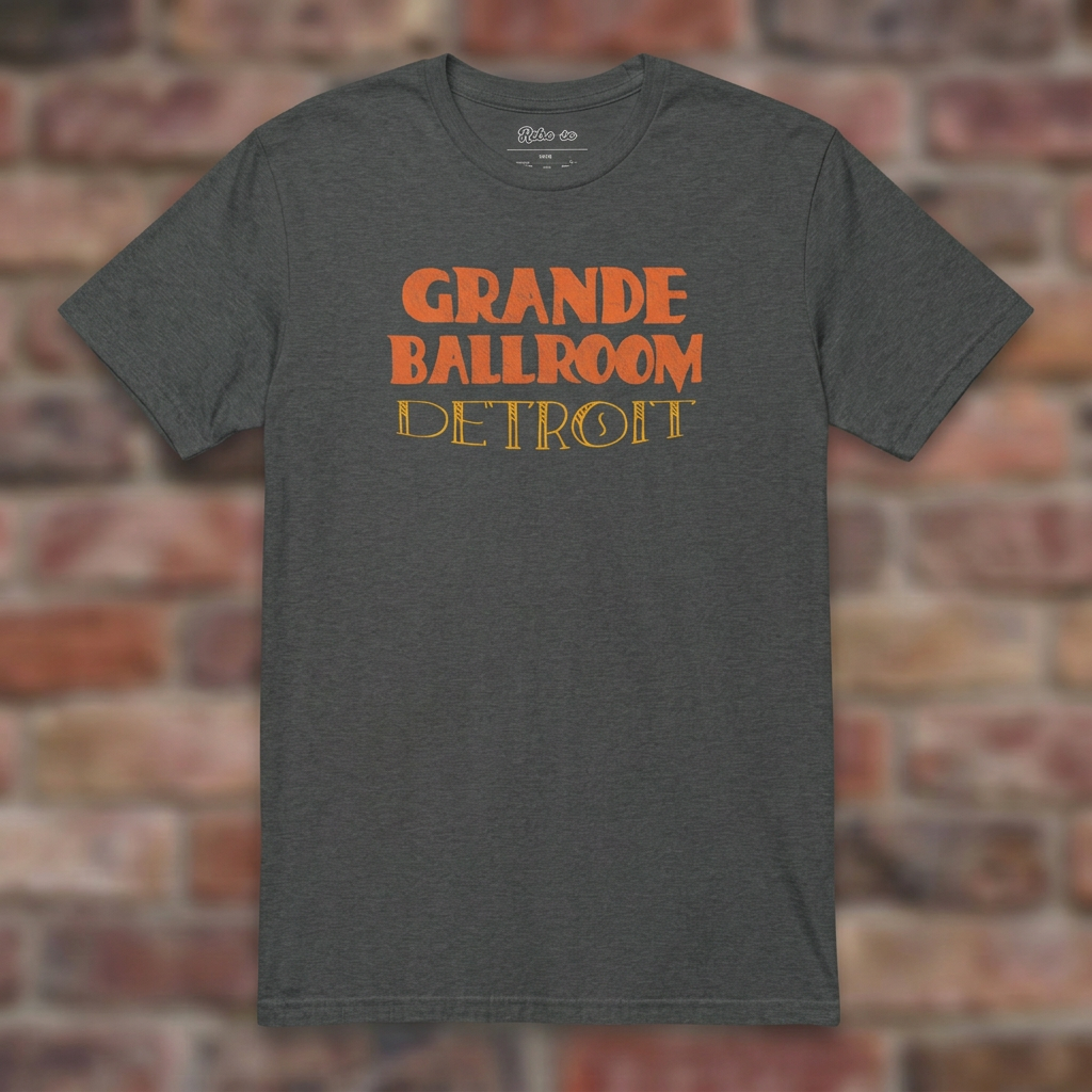 Grande Ballroom Detroit Dark Heather Grey T-shirt flat lay on brick background
