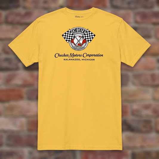 Checker Motors Daisy T-shirt flat lay on brick background