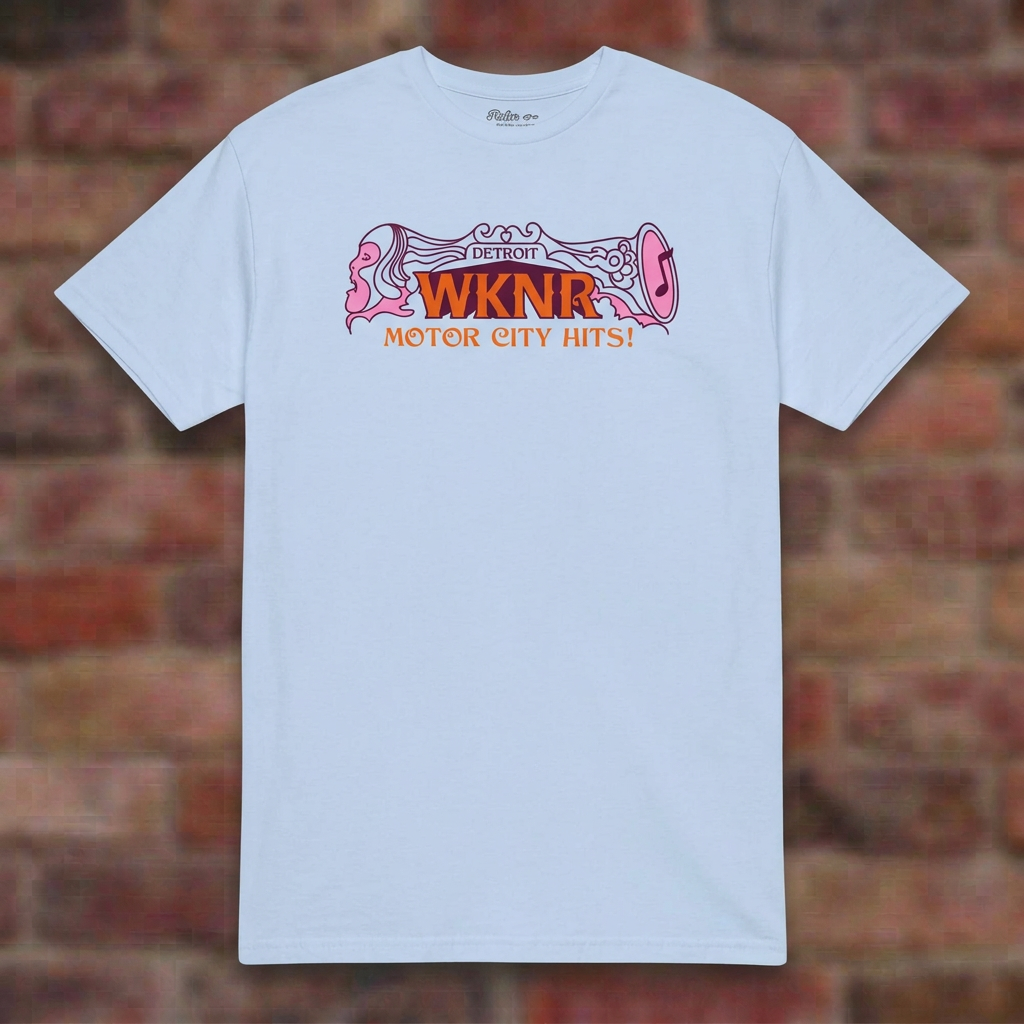 WKNR Radio Light Blue T-shirt flat lay on brick background