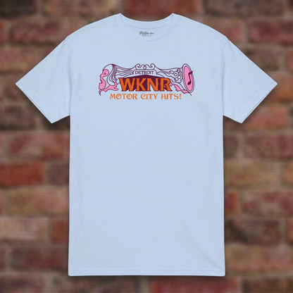 WKNR Radio Light Blue T-shirt flat lay on brick background