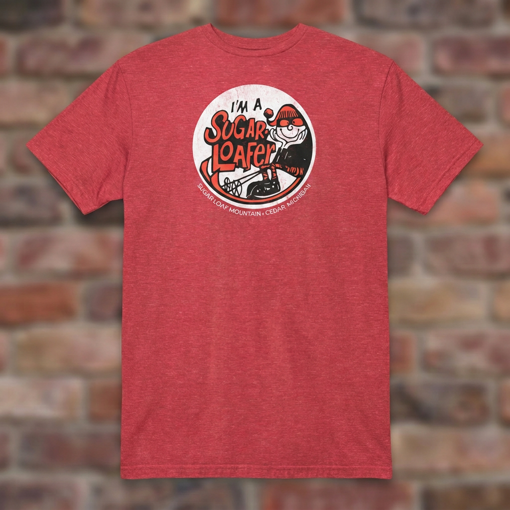 I'm a Sugar Loafer T-shirt in Heather Red, flat lay on warm brick background