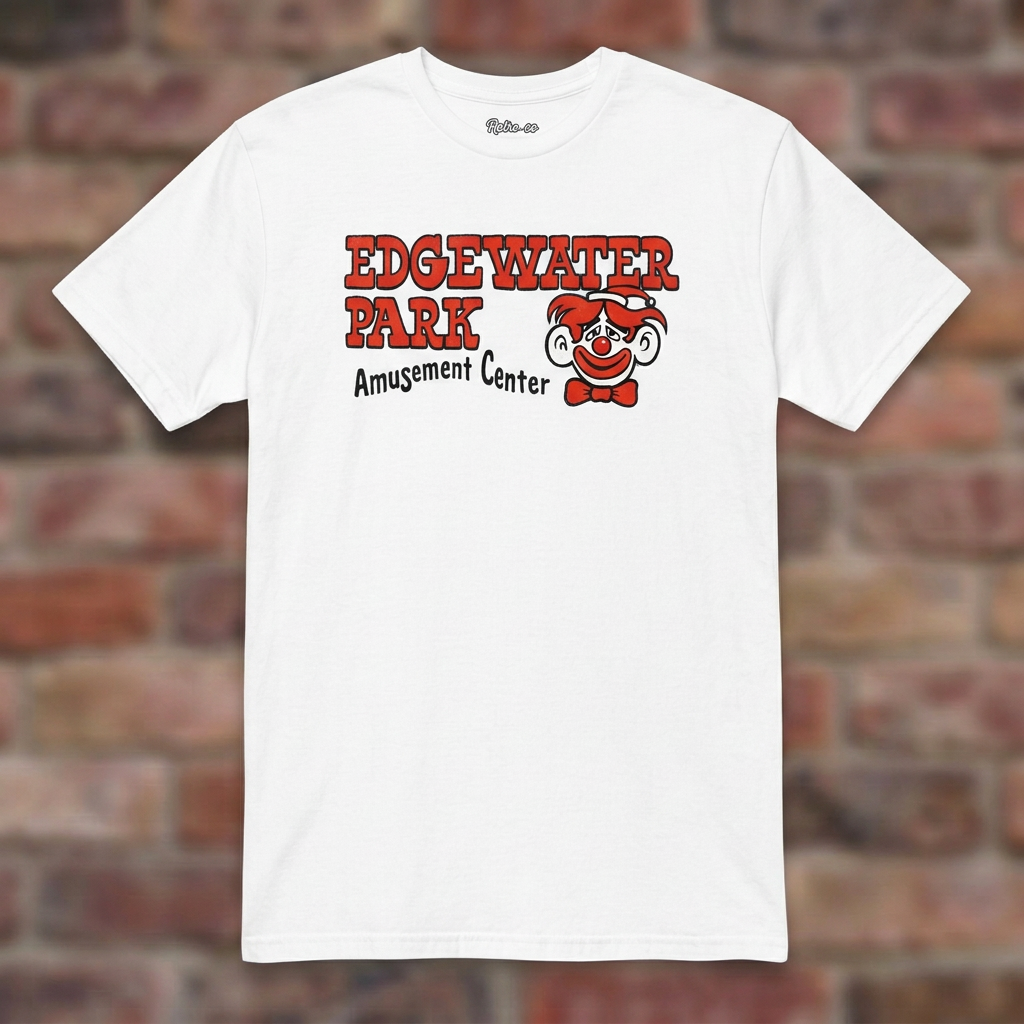 Edgewater Park White T-shirt flat lay on brick background