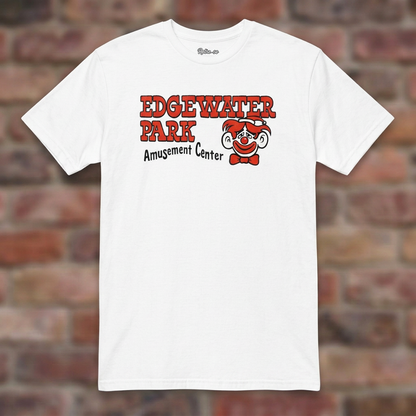 Edgewater Park White T-shirt flat lay on brick background