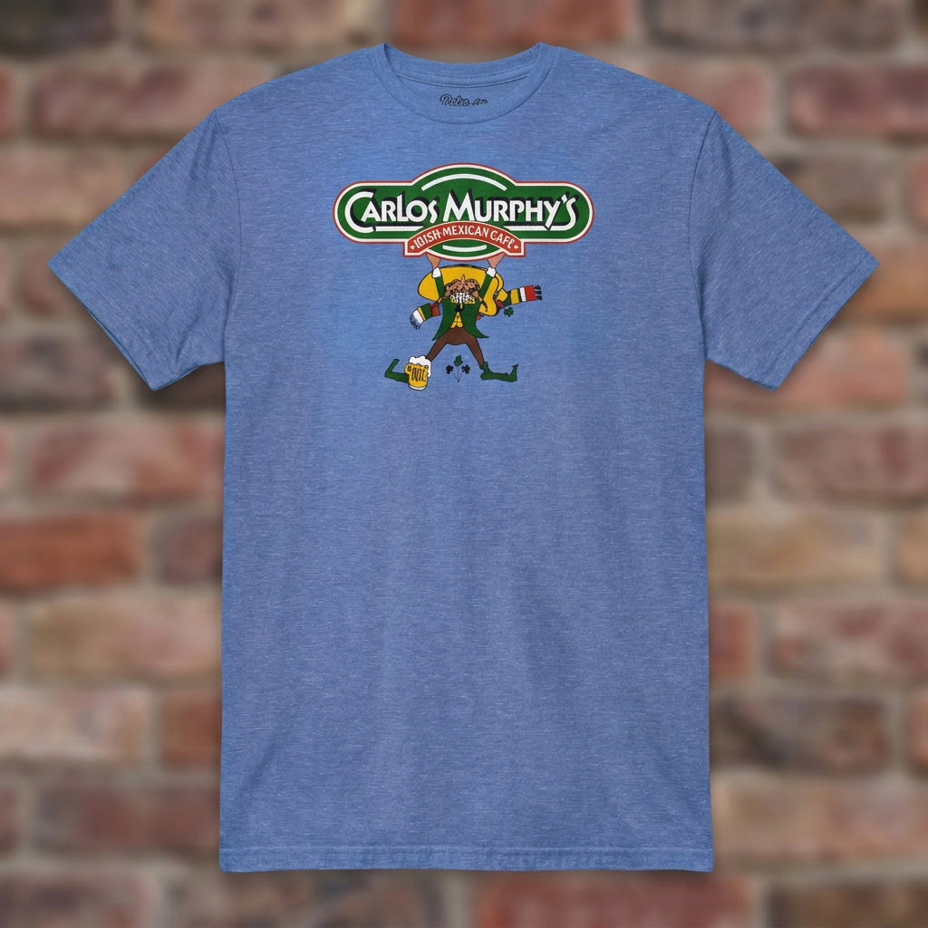 Carlos Murphy's Heather Royal T-shirt flat lay on brick background