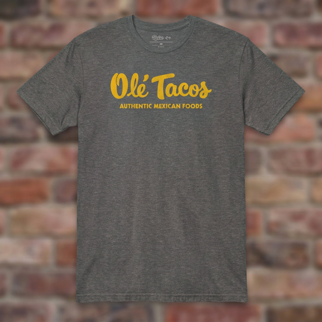 Ole Tacos Graphite Heather T-shirt flat lay on brick background