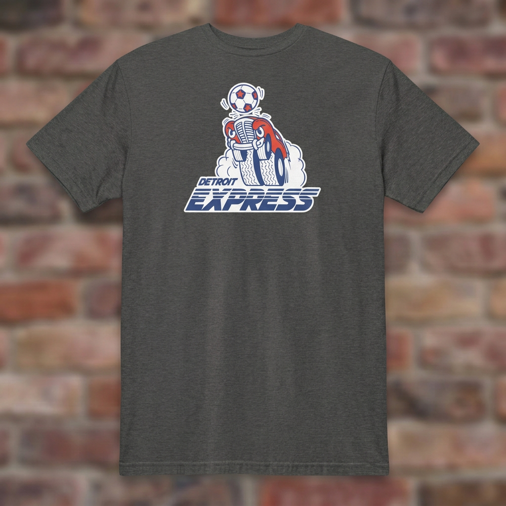 Detroit Express Soccer Dark Heather Grey T-shirt flat lay on brick background