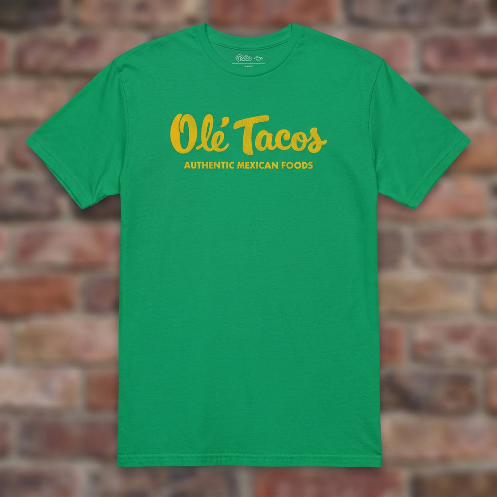 Ole Tacos Irish Green T-shirt flat lay on brick background