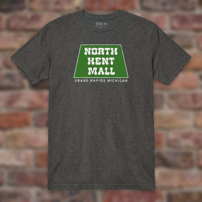 North Kent Mall Dark Heather Grey T-shirt flat lay on brick background