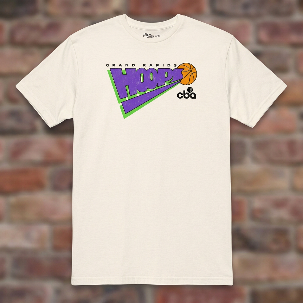Grand Rapids Hoops Basketball Natural T-shirt flat lay on brick background