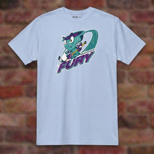 Muskegon Fury Light Blue T-shirt flat lay on brick background
