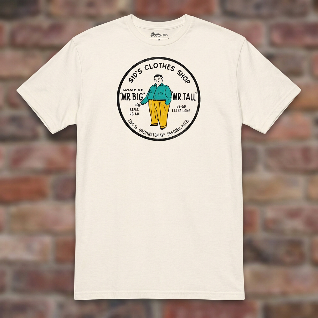 Sid's Clothing Shop Saginaw T-shirt in Natural, flat lay on warm brick background