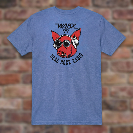 WABX Heather Royal T-shirt flat lay on warm brick