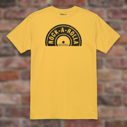 Rock-A-Rolla Records Daisy T-shirt flat lay on brick background