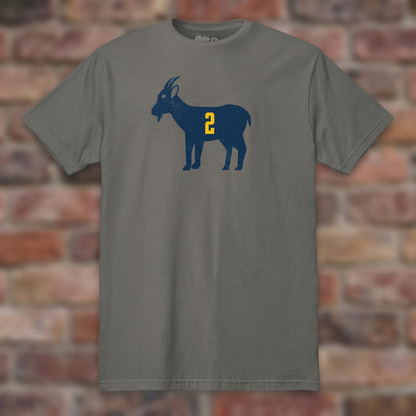 Charcoal GOAT Woodson T-shirt flat-lay against weathered brick