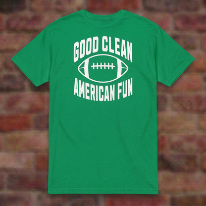 Good Clean American Fun Irish Green T-shirt flat lay on brick background