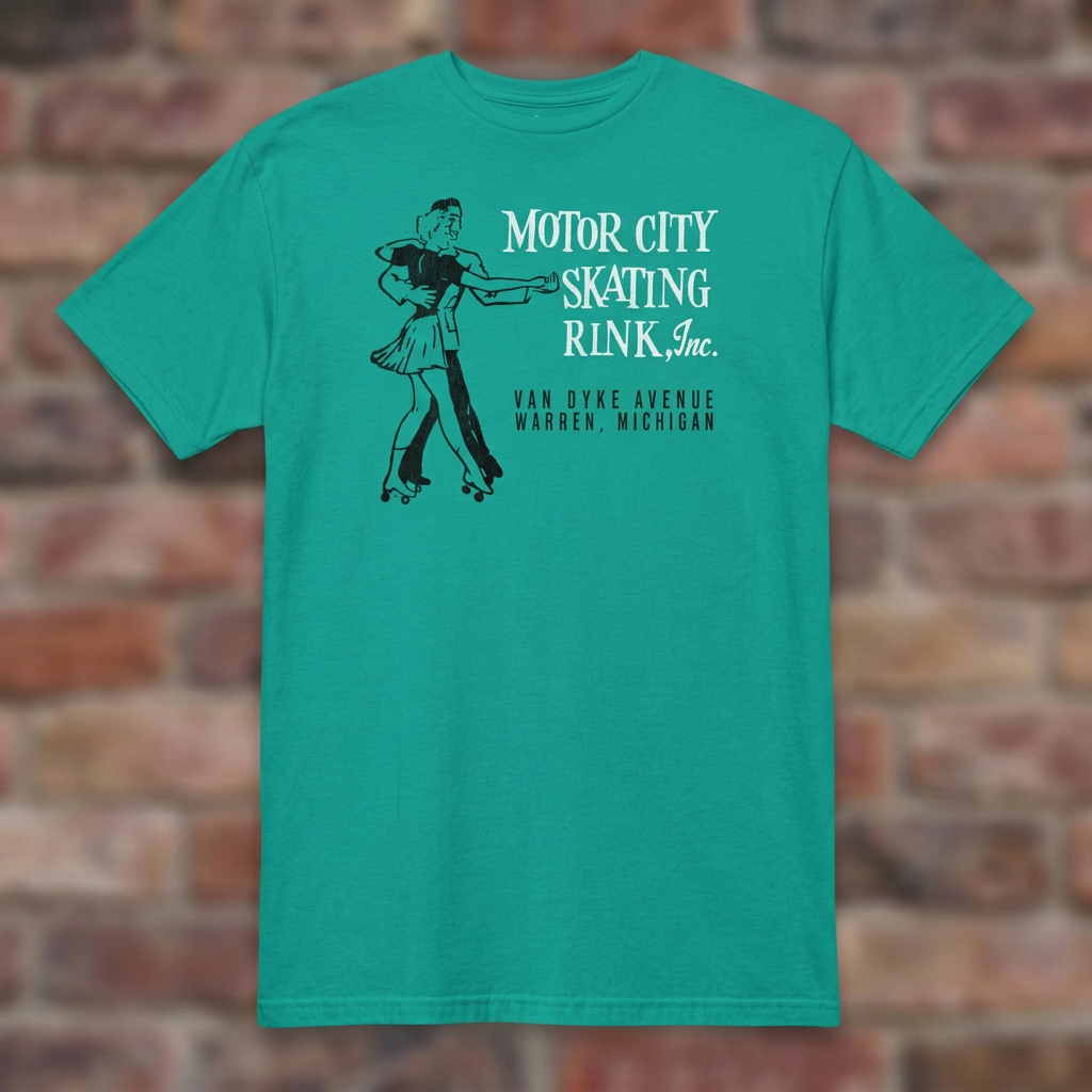 Motor City Skating Rink Jade Dome T-shirt flat lay on brick background